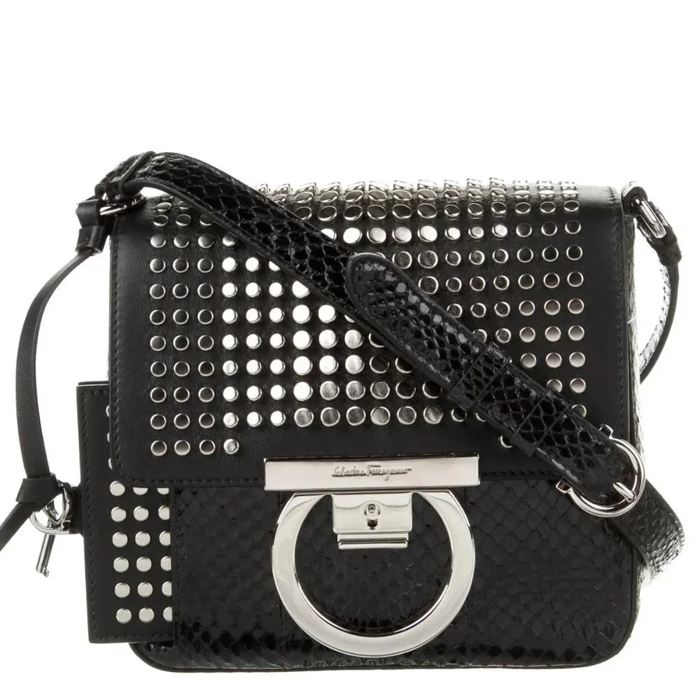 Salvatore Ferragamo Studded Exotics Python Shoulder Grancini Flap Mini Bag